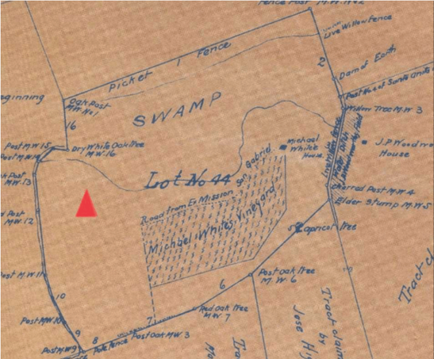 1869 map of Michael White's Rancho San Ysidro. The curved line at left is Rubio Wash, now the western border of the high school campus. The red square shows the location of the still-standing Michael White Adobe. Courtesy of the San Marino Historical Society